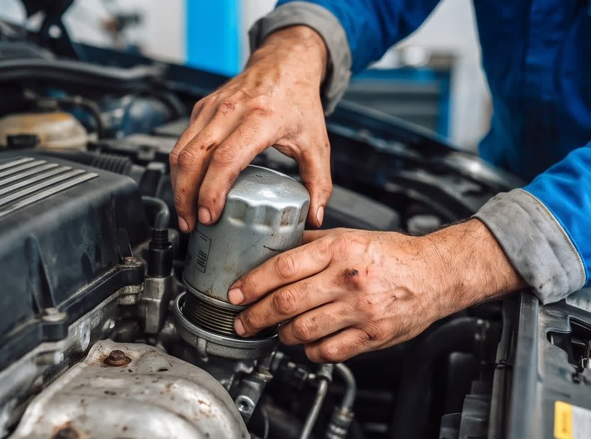 Mecánico en Oleiros cambiando el filtro de aceite de un coche