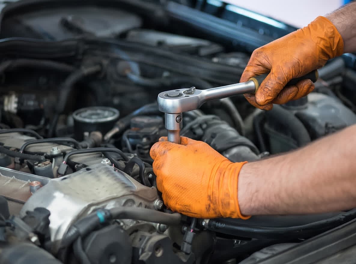 Mecánico reparando una avería en el motor de un coche en Oleiros